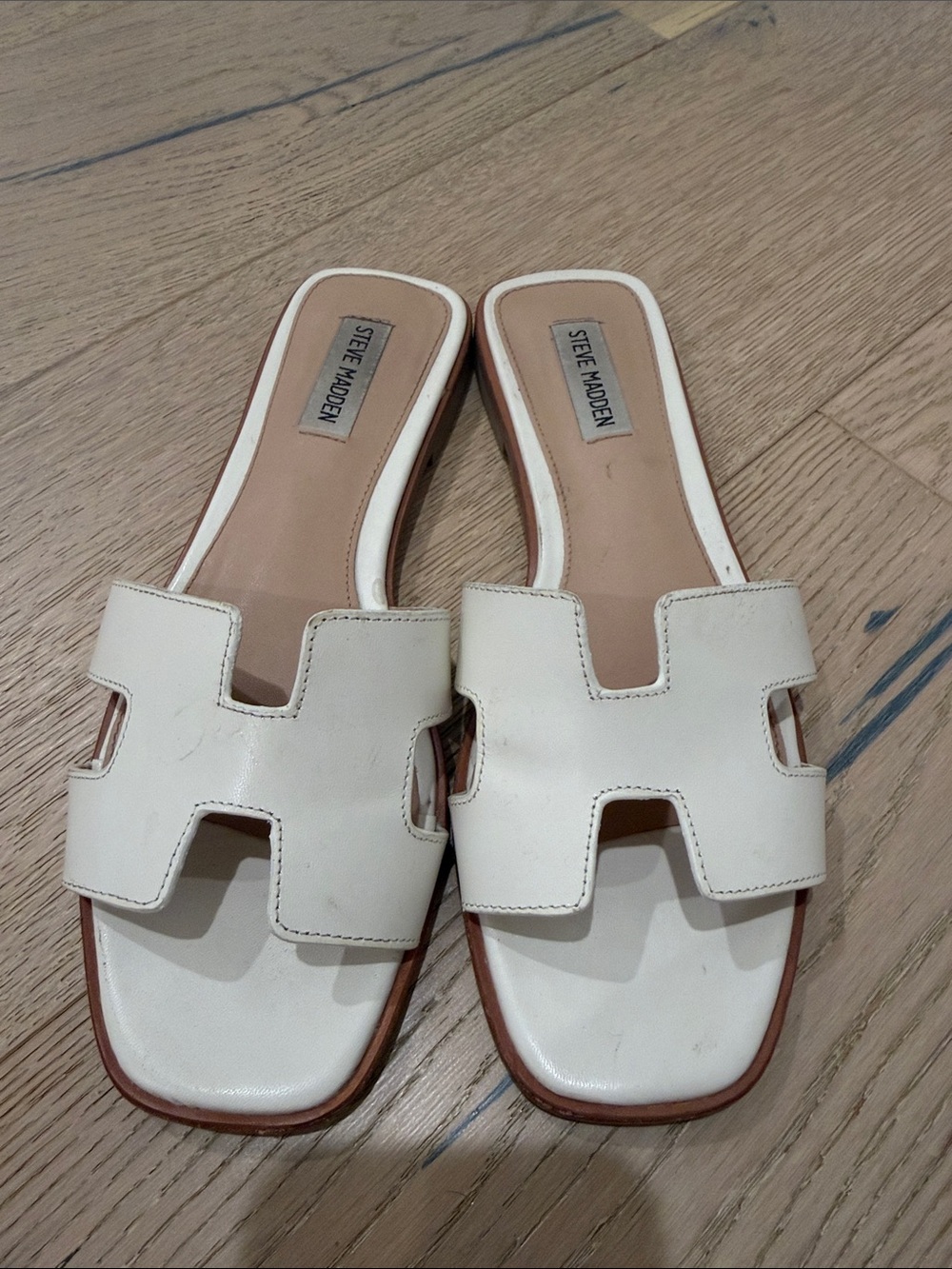 Steve Madden Cream Leather Cut-Out Slide Sandals
